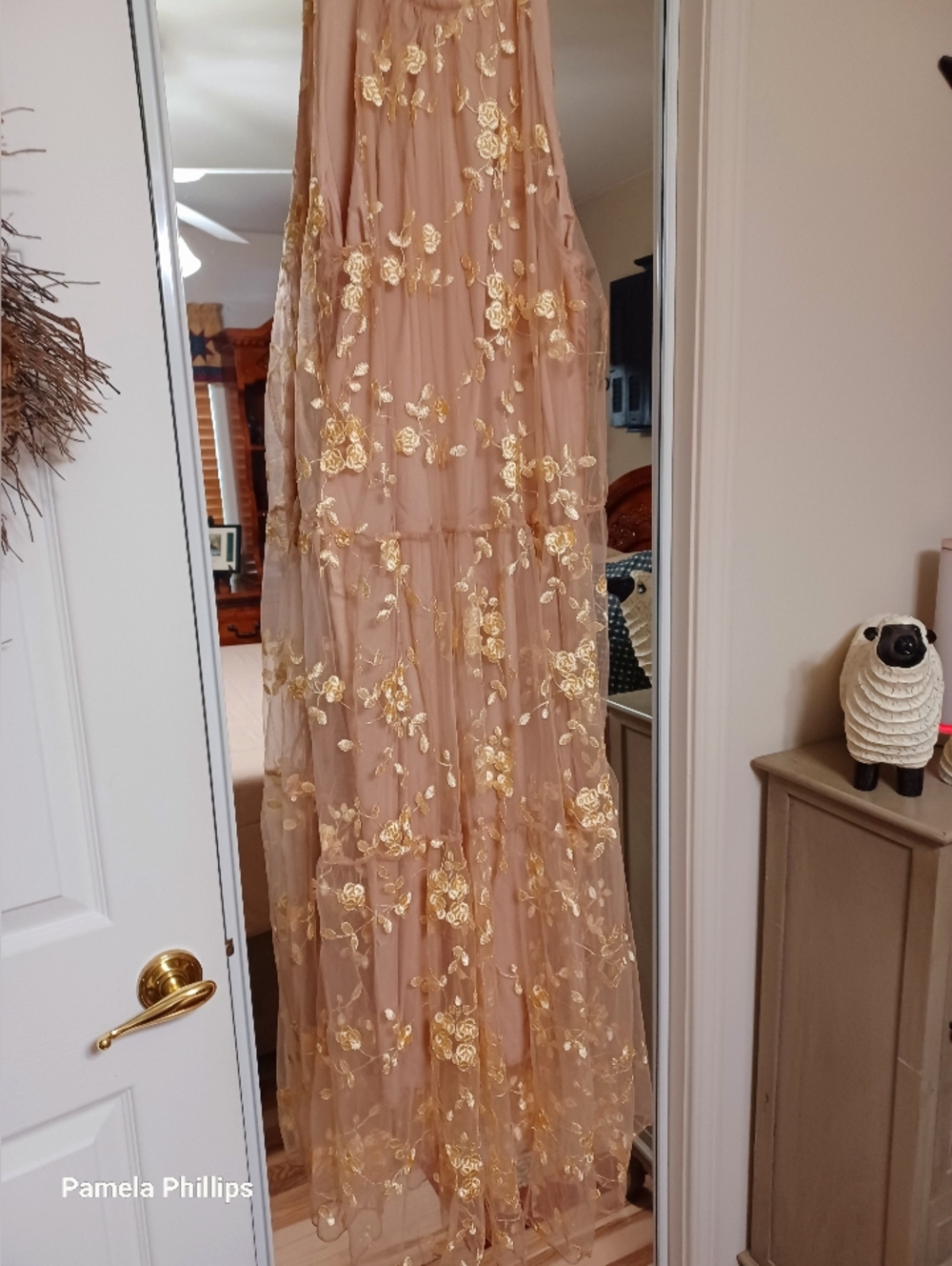 SHEIN Gold Floral Embroidered Champagne Tulle Wedding Dress Overlay